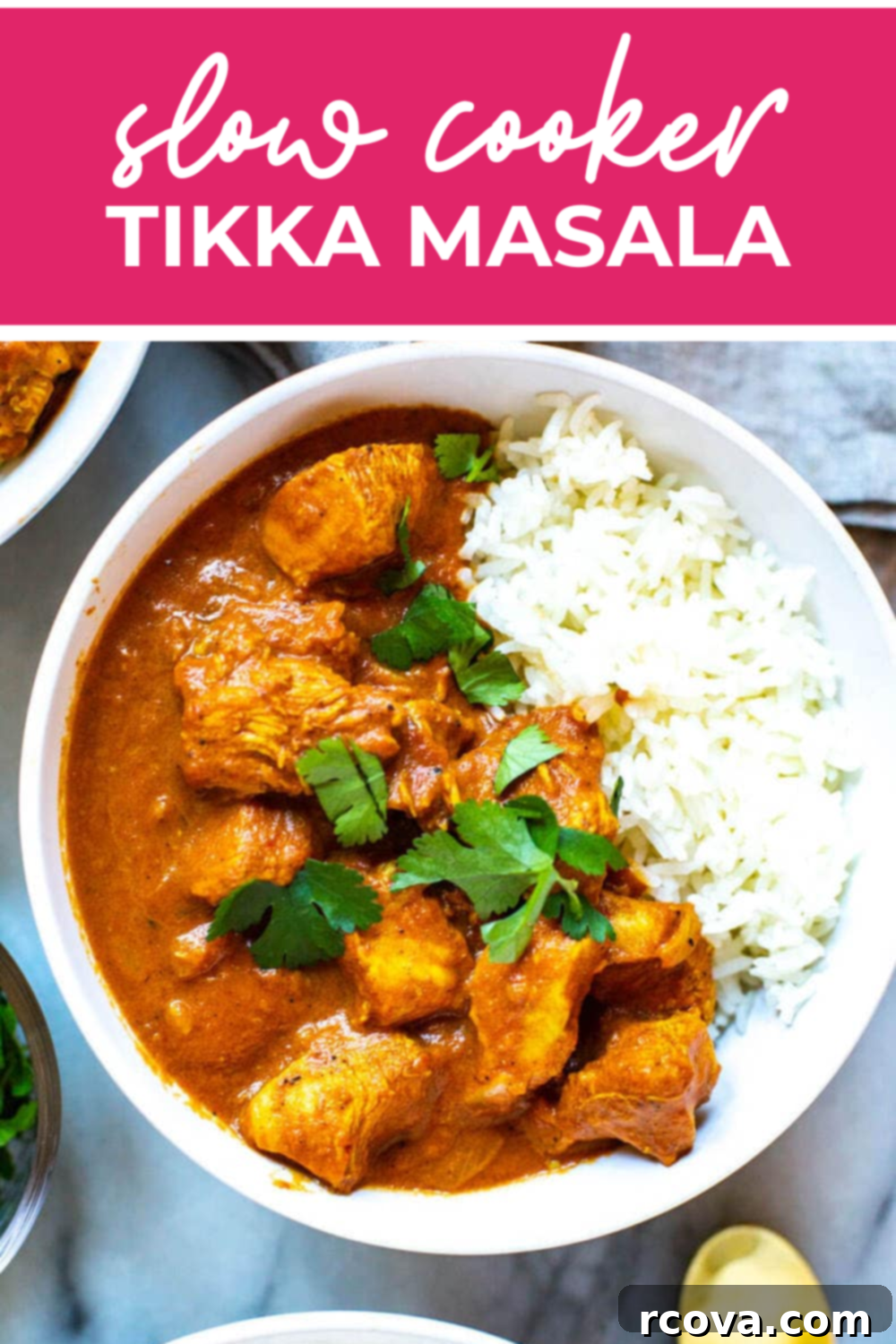 Creamy Slow Cooker Chicken Tikka Masala 8 A bowl of chicken tikka masala with the text "Slow Cooker Tikka Masala" on top.