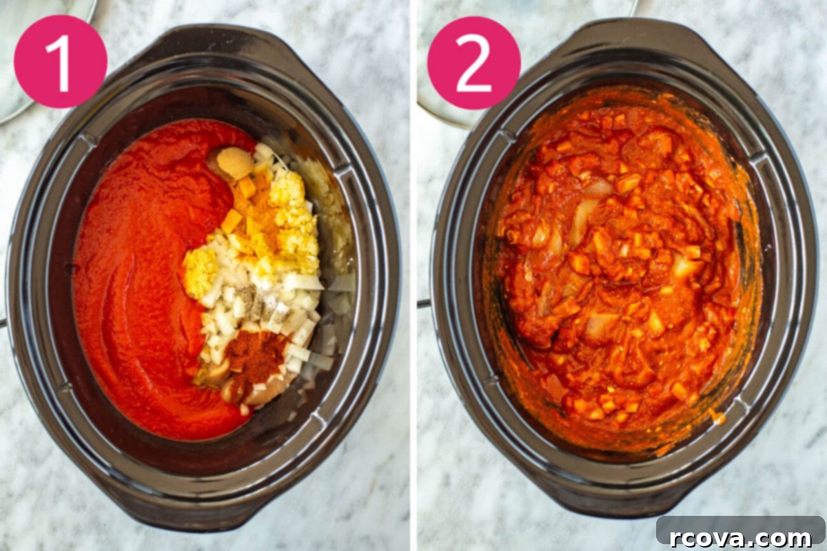 Creamy Slow Cooker Chicken Tikka Masala 4 Steps 1 and 2 for making slow cooker chicken tikka masala: Adding ingredients to the slow cooker and then cooking on high or low setting.