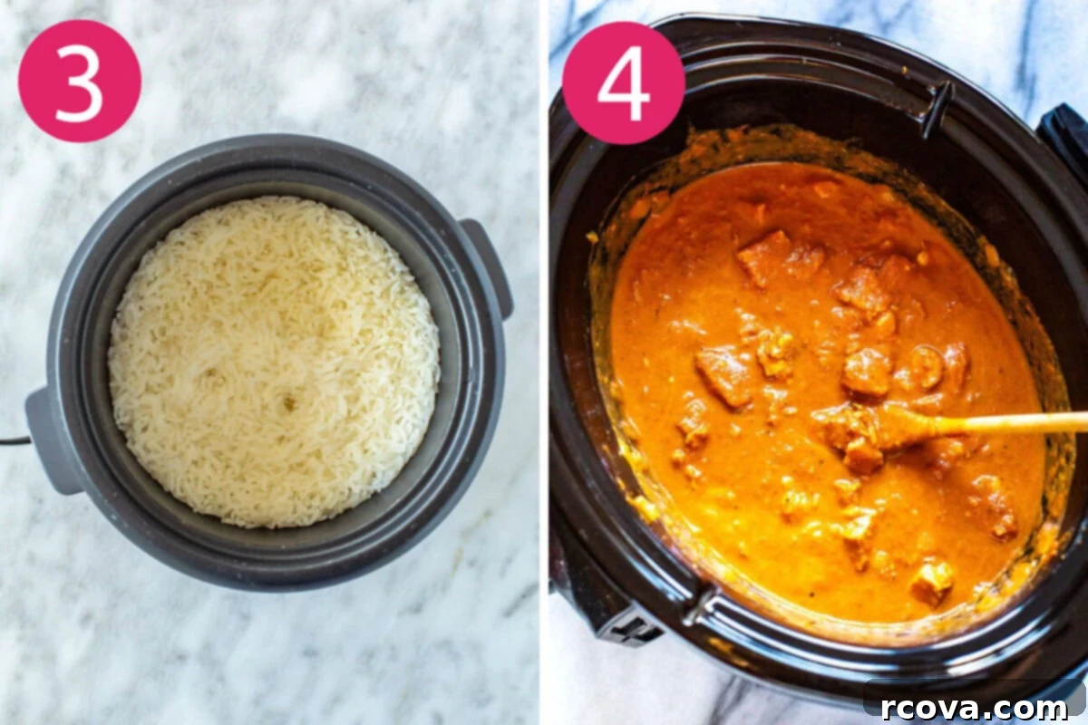 Creamy Slow Cooker Chicken Tikka Masala 5 Steps 3 and 4 for making slow cooker chicken tikka masala: Cooking basmati rice and stirring sour cream into the cooked chicken mixture before serving.