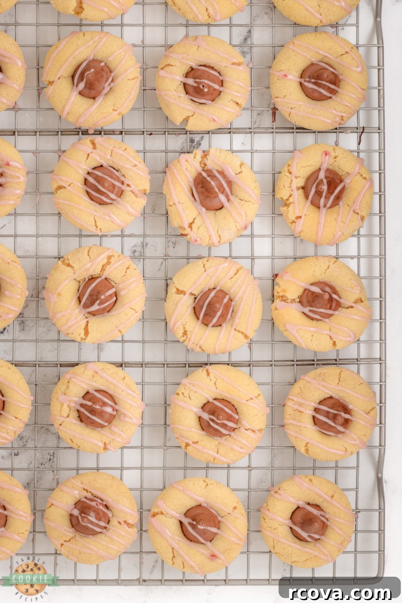 Luscious Raspberry Almond Kiss Cookies 5 Raspberry almond kiss cookies arranged on a wire cooling rack, showing the fresh drizzle.