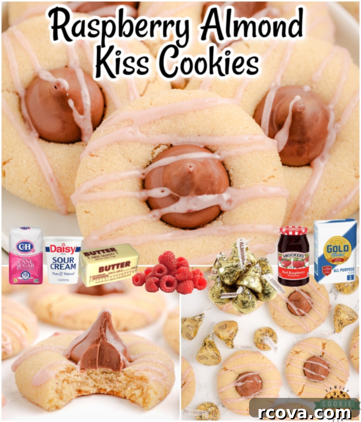 Luscious Raspberry Almond Kiss Cookies 7 Raspberry Almond Kiss Cookies are buttery cookies topped with an almond kiss & raspberry drizzle for a delightful cookie for almond lovers! A full plate of cookies.