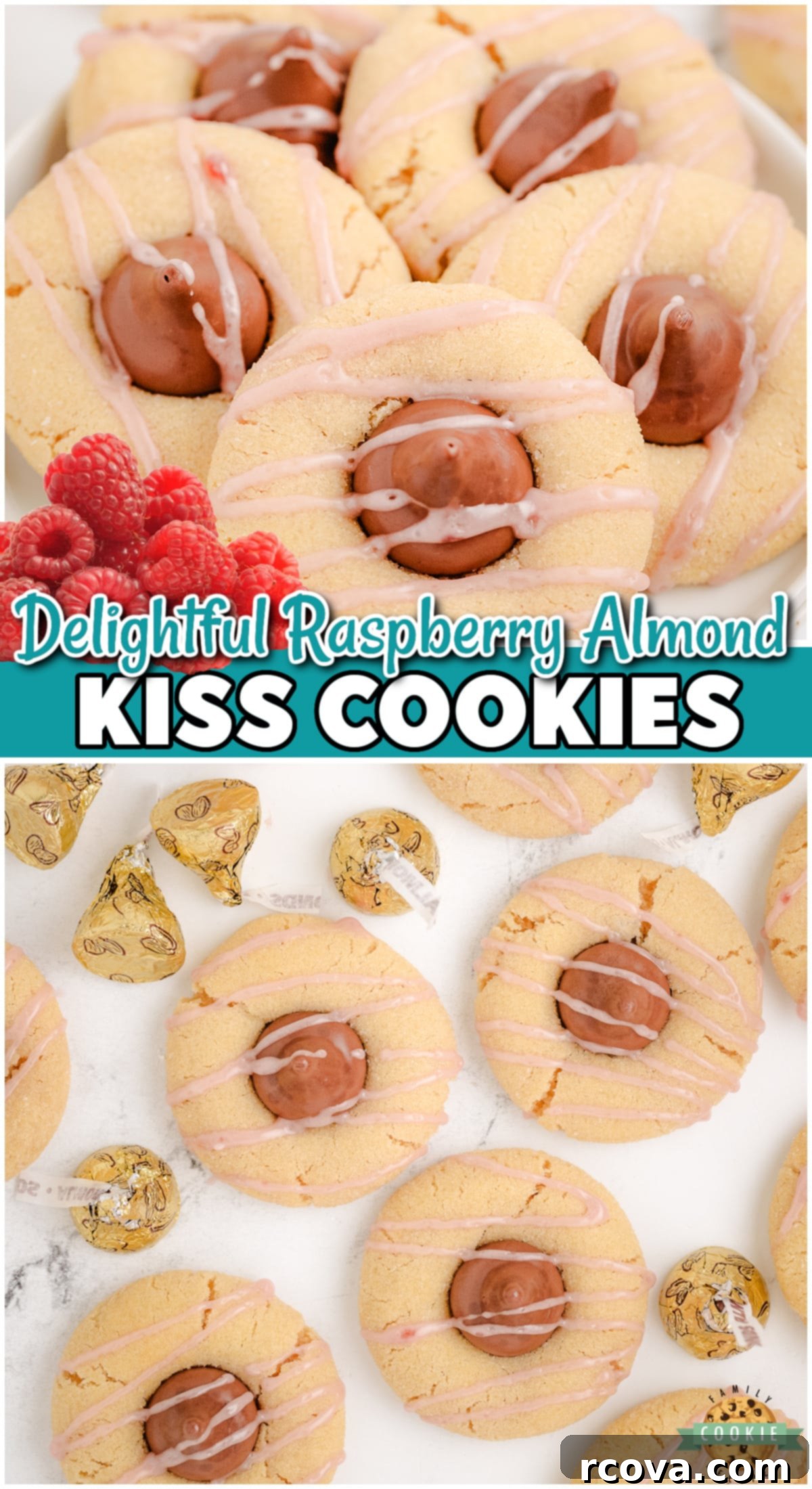 Luscious Raspberry Almond Kiss Cookies 8 Raspberry Almond Kiss Cookies are buttery cookies topped with an almond kiss & raspberry drizzle for a delightful cookie for almond lovers! Close-up for Pinterest.