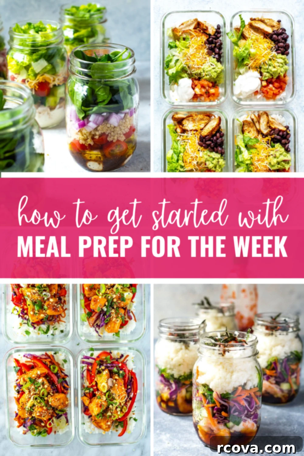 Effortless Weekly Meal Prep 2 A vibrant collage featuring four diverse meal prep recipes, with a central banner proclaiming "how to get started with meal prep for the week". This visual emphasizes variety and ease for beginners.