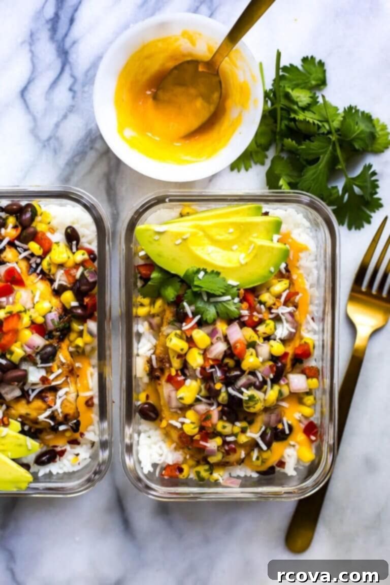 Effortless Weekly Meal Prep 13 Exotic Coconut Mango Chicken Meal Prep Bowls, featuring vibrant corn salsa, avocado, and a tantalizing mango marinade.