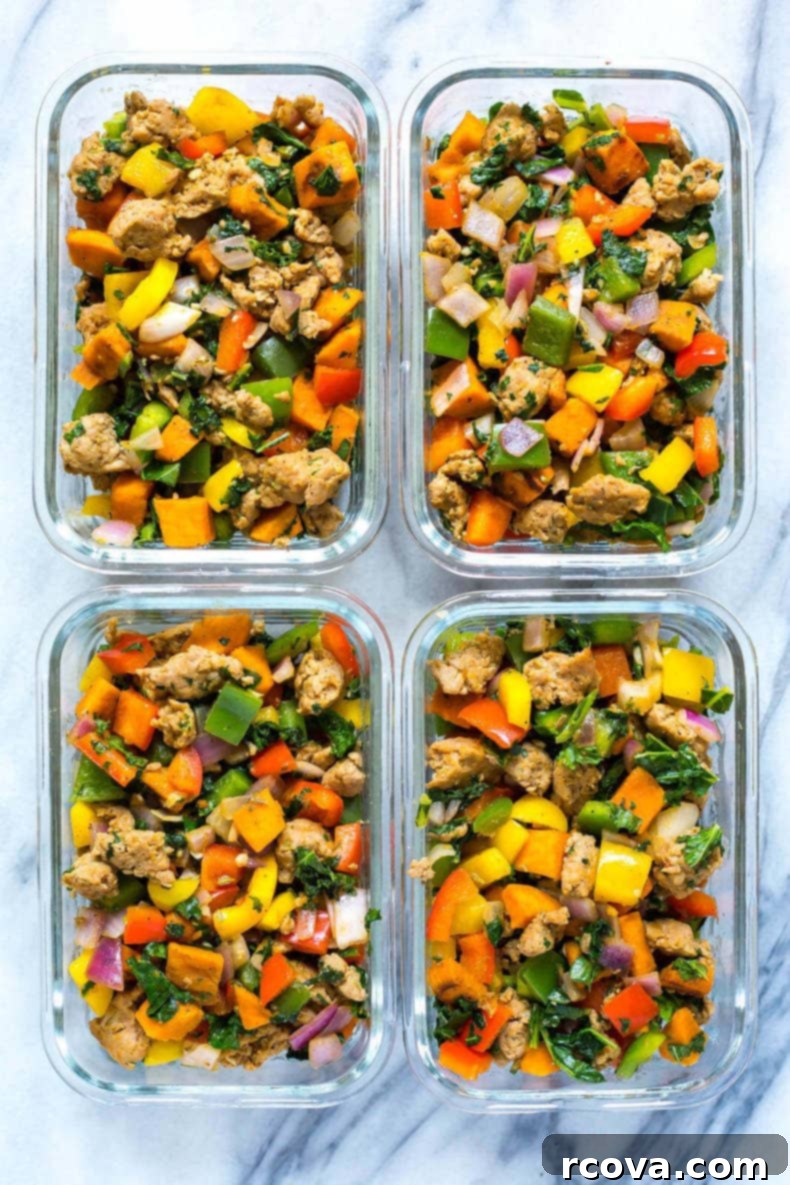 Effortless Weekly Meal Prep 6 Freshly prepped meals in glass containers for the week.