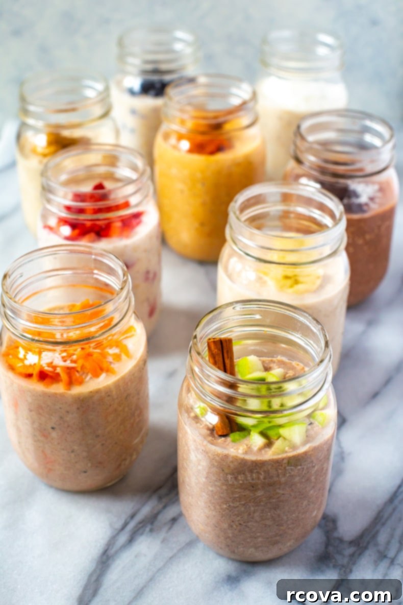 Effortless Weekly Meal Prep 7 A collection of 9 mason jars, each artfully filled with a distinct flavor of overnight oats, showcasing a variety of healthy and convenient breakfast options.