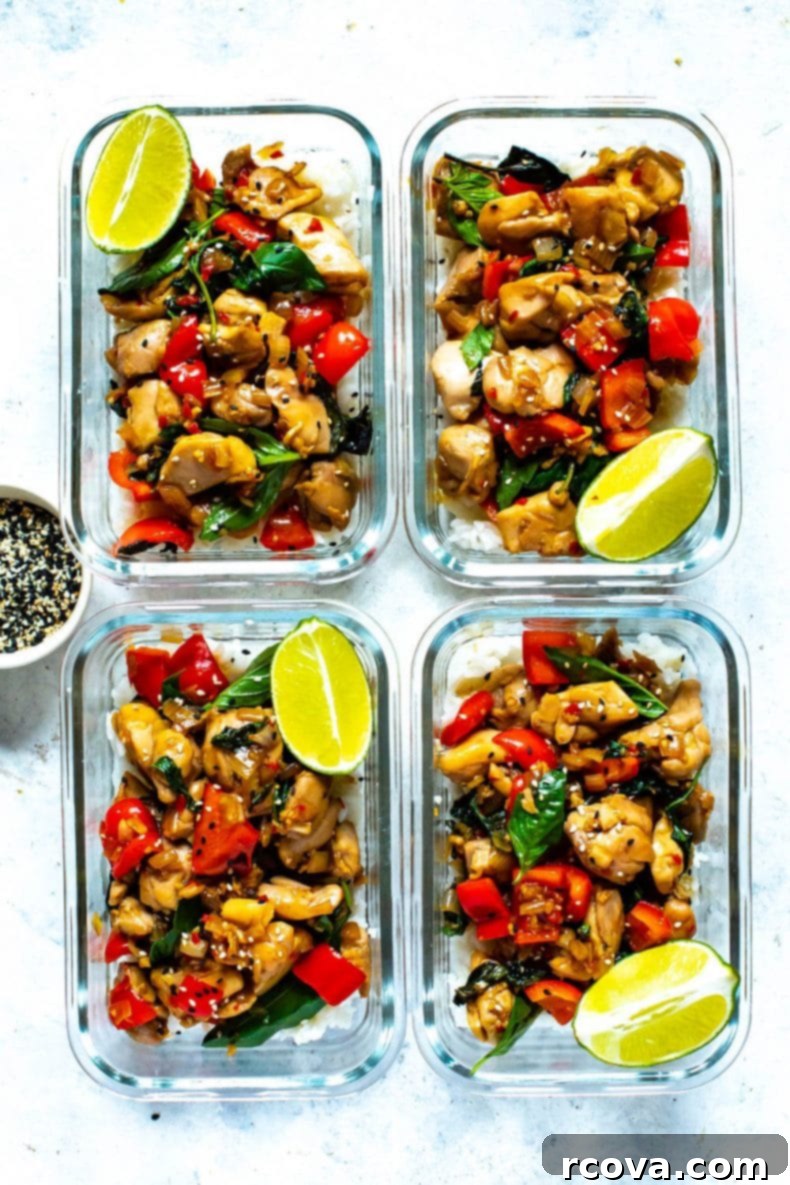 Thai Basil Chicken Meal Prep for Healthy Lunch Ideas Portioned Thai Basil Chicken in glass meal prep containers, ready for the week.