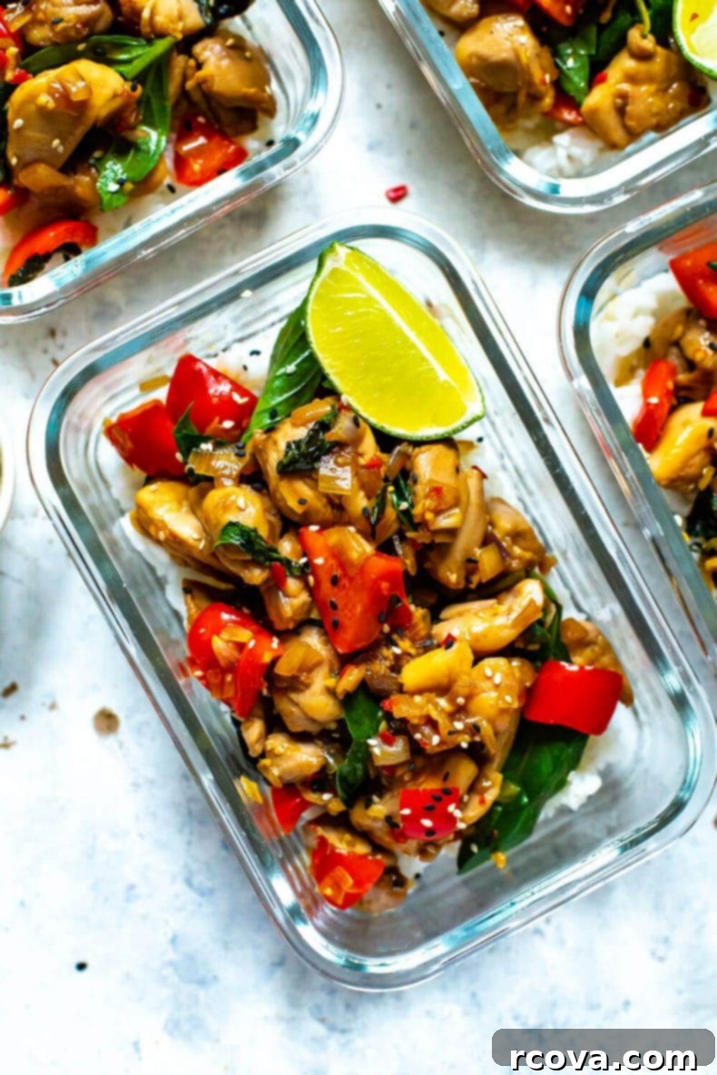Thai Chicken Dinner: Perfect for Meal Prepping Individual portions of Thai chicken dinner and rice in glass meal prep containers.