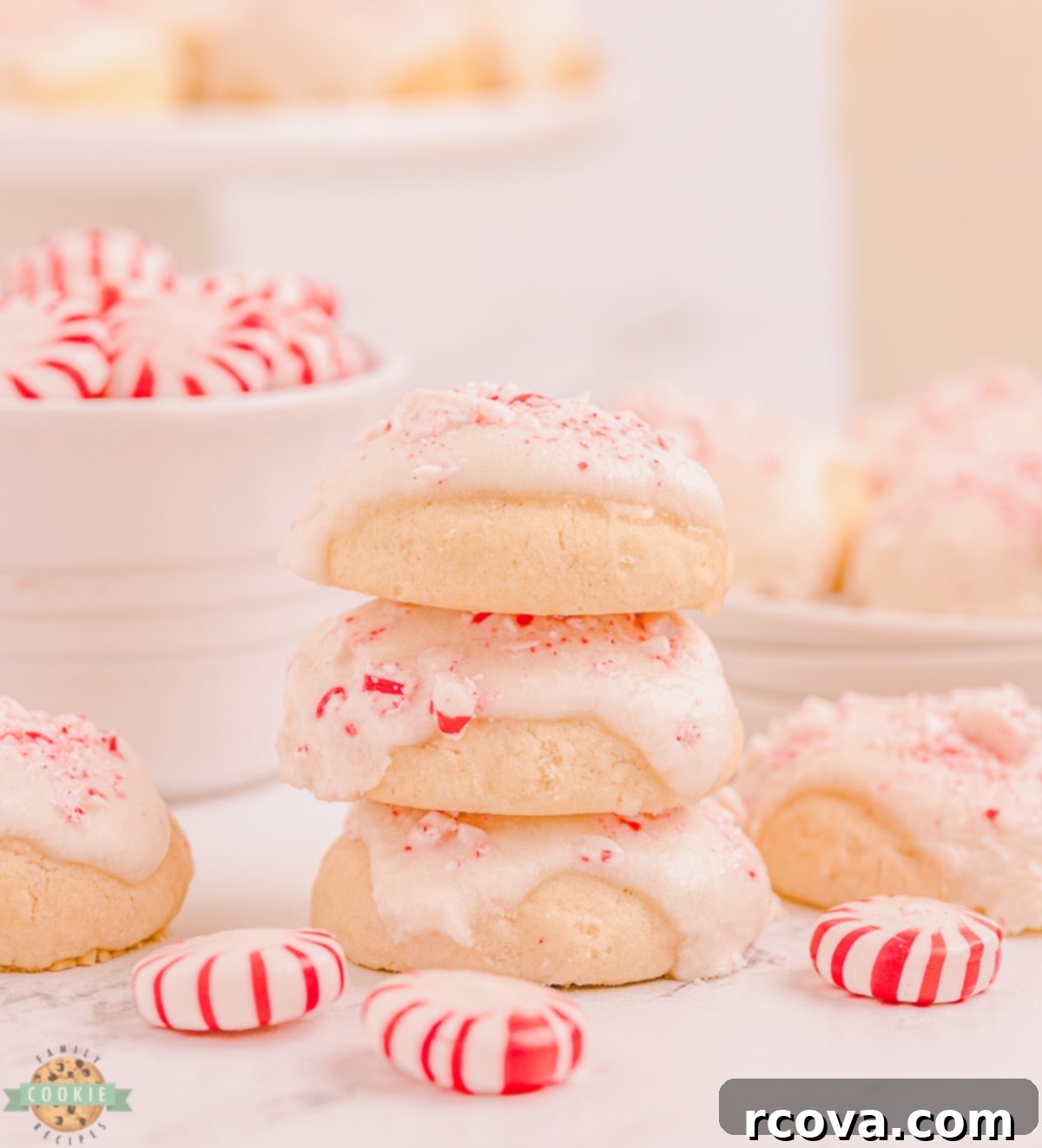 Peppermint Cookie Perfection 2 Stack of peppermint vanilla shortbread cookies.