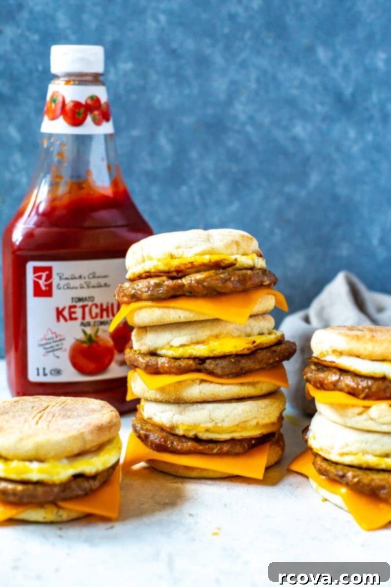 This Meal Prep Egg and Sausage McMuffin is a healthier copycat recipe of McDonald's Sausage Egg McMuffin, with fewer calories and homemade sausage patties, perfect for a quick breakfast! Meal Prep Egg McMuffin breakfast sandwiches with homemade sausage patties, egg, and cheese on toasted English muffins, ready for a grab-and-go breakfast