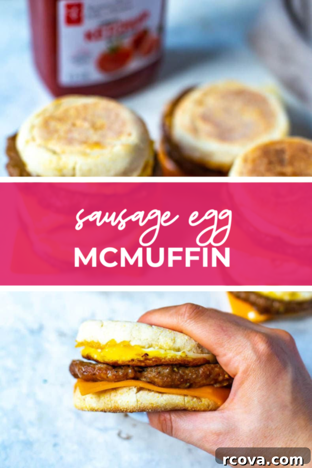 Better Than The Drive-Thru Sausage Egg Muffin 8 overhead shot of plated dish with pink banner in the middle - reading "sausage egg mcmuffin"
