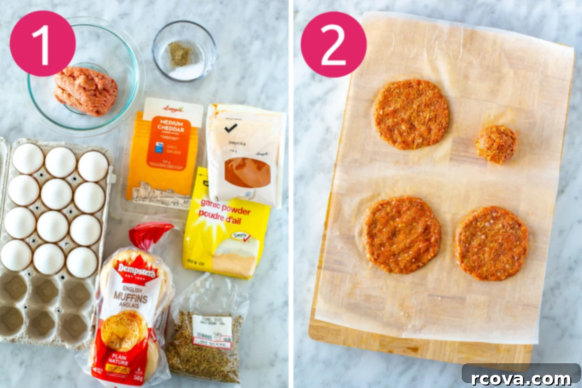 Better Than The Drive-Thru Sausage Egg Muffin 4 Visual steps 1 and 2 for making sausage egg McMuffins: ingredients prepped and ground turkey sausage patties being formed.