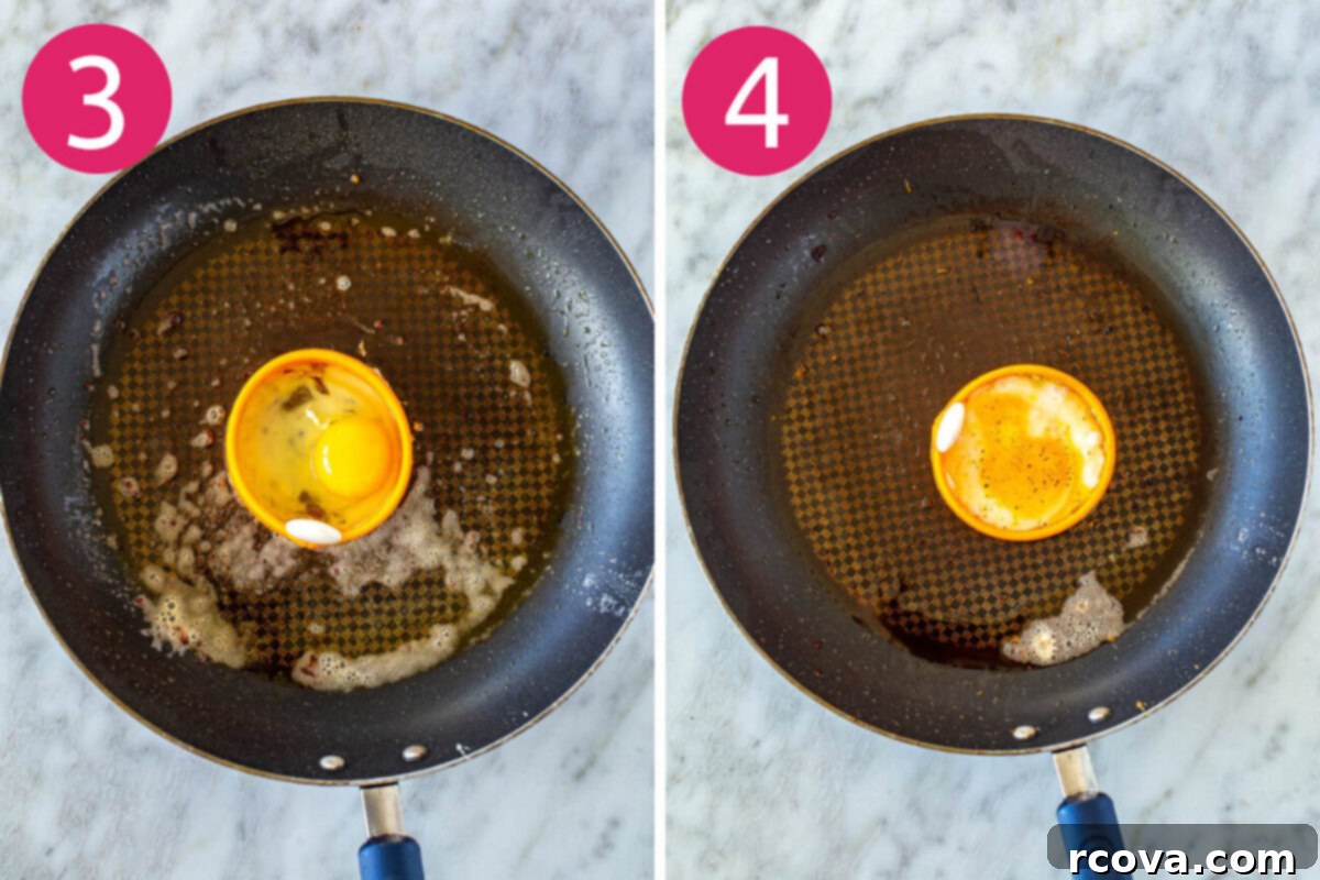 Better Than The Drive-Thru Sausage Egg Muffin 5 Visual steps 3 and 4 for making sausage egg McMuffins: cracking eggs into egg rings in a skillet and cooking them until firm.
