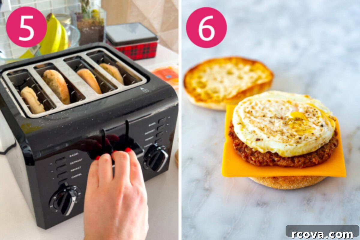 Better Than The Drive-Thru Sausage Egg Muffin 6 Visual steps 5 and 6 for making sausage egg McMuffins: toasting English muffins and assembling the finished breakfast sandwiches.