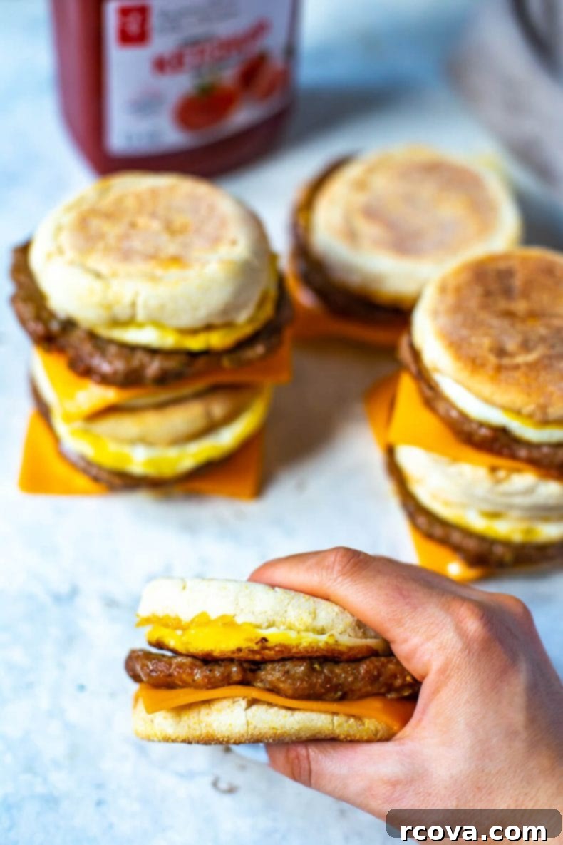 This Meal Prep Egg and Sausage McMuffin is a healthier copycat recipe of McDonald's Sausage Egg McMuffin, with fewer calories and homemade sausage patties, offering a perfect homemade breakfast solution! A beautifully assembled homemade egg, sausage, and cheese breakfast sandwich on an English muffin, ready to be enjoyed.