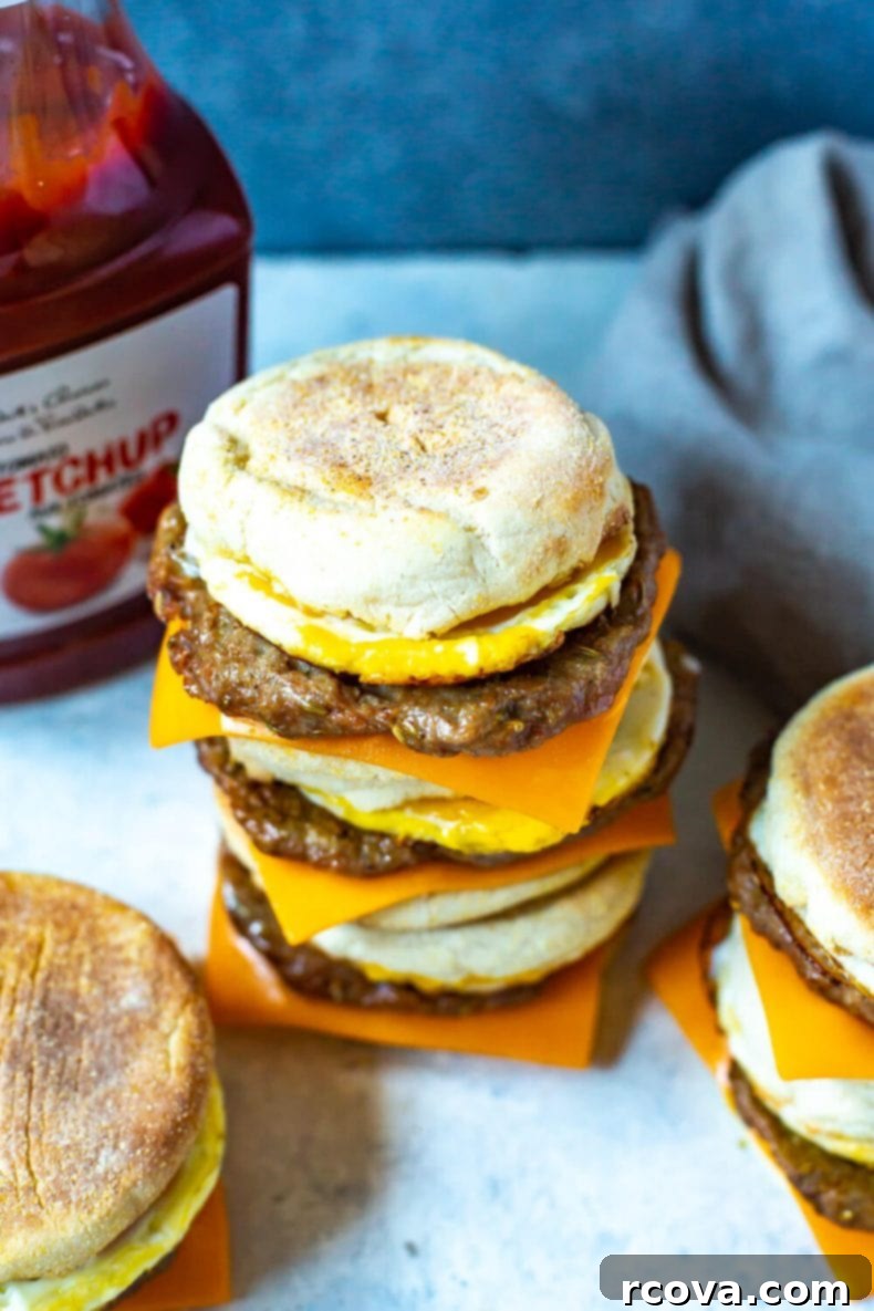 This Meal Prep Egg and Sausage McMuffin is a healthier copycat recipe of McDonald's Sausage Egg McMuffin, with fewer calories and homemade sausage patties, offering a nutritious start to your day! Homemade English muffin breakfast sandwiches with a stack of delicious turkey sausage, egg, and cheese.
