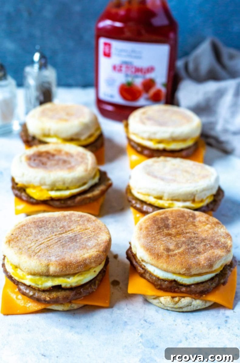This Meal Prep Egg and Sausage McMuffin is a healthier copycat recipe of McDonald's Sausage Egg McMuffin, with fewer calories and homemade sausage patties, making it perfect for efficient meal prepping! Stacked meal prep breakfast sandwiches - Sausage Egg McMuffin copycats - ready for storage or freezing.