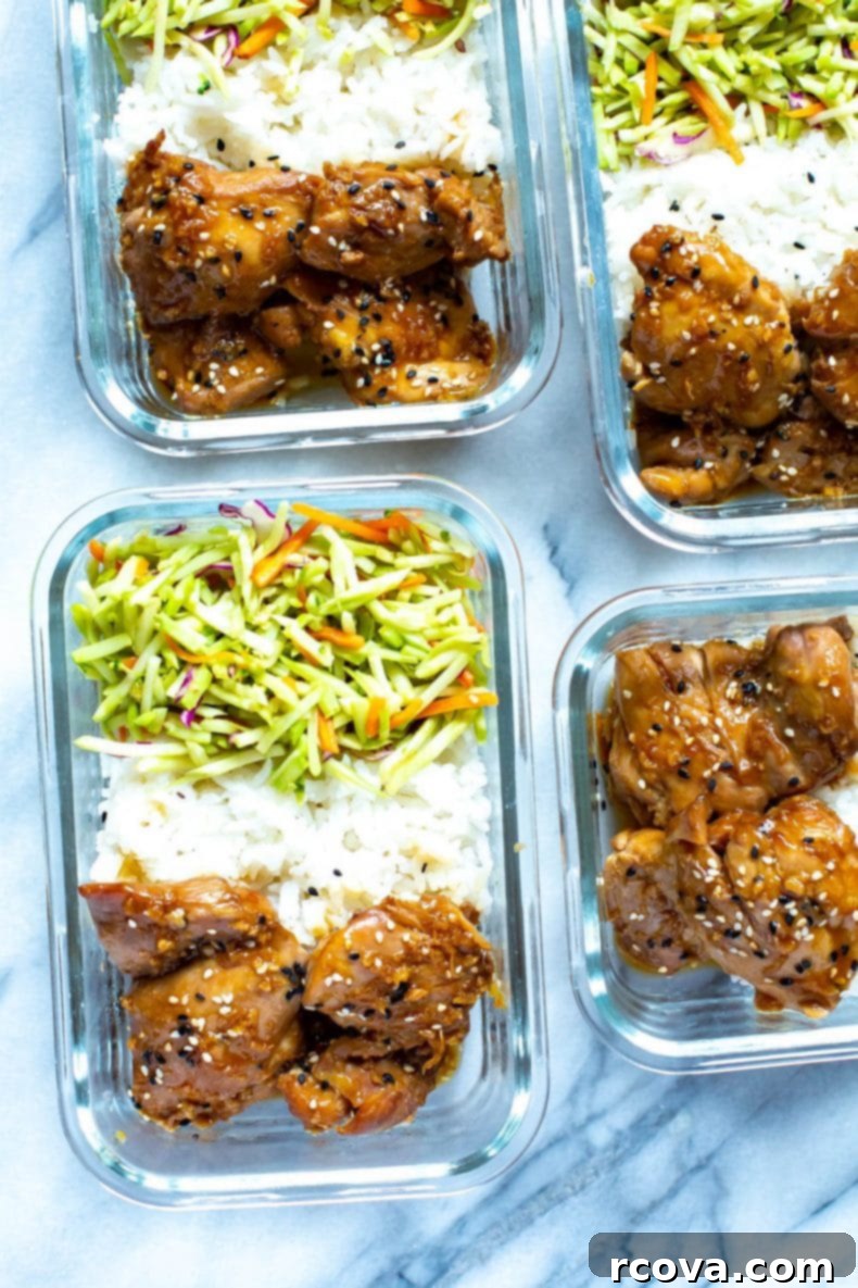 These Garlic Sesame Instant Pot Chicken Thighs are perfect for your weekly meal prep and they are covered in the best sticky, sweet sauce - serve with rice and veggies for a full meal! #instantpot #chickenthighs A transparent glass meal prep container showing a well-organized dinner with Asian sesame chicken, white rice, and fresh vegetables