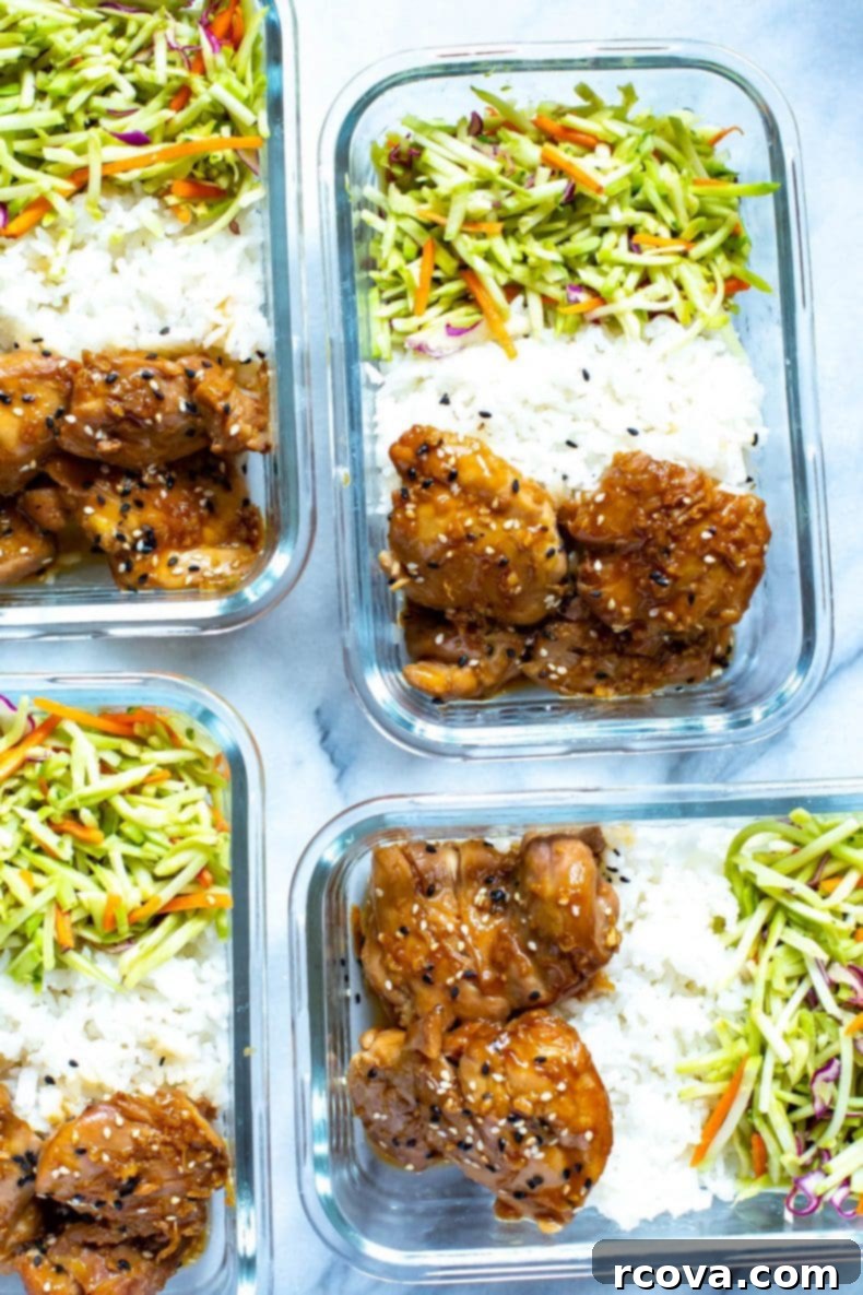 These Garlic Sesame Instant Pot Chicken Thighs are perfect for your weekly meal prep and they are covered in the best sticky, sweet sauce - serve with rice and veggies for a full meal! #instantpot #chickenthighs Collection of glass meal prep containers filled with Garlic and Sesame Instant Pot Chicken Thighs, rice, and broccoli slaw