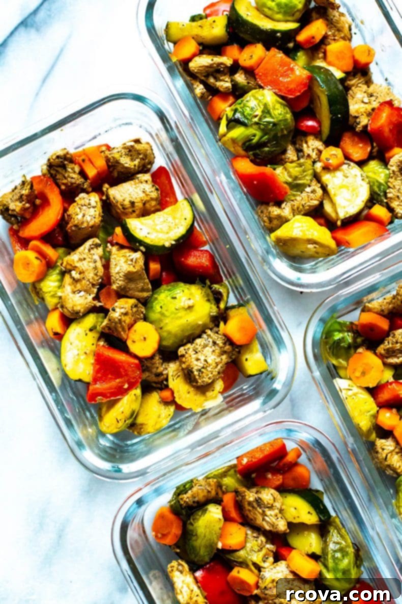 This Sheet Pan Balsamic Chicken is a delicious, healthy weeknight dinner idea. It comes together on one pan, ready to eat in 30 minutes! Leftovers won’t be a problem with this flavourful chicken dinner - turn them into meal prep lunches for the week! Sheet Pan Balsamic Chicken meal prep dinner packed in bowls