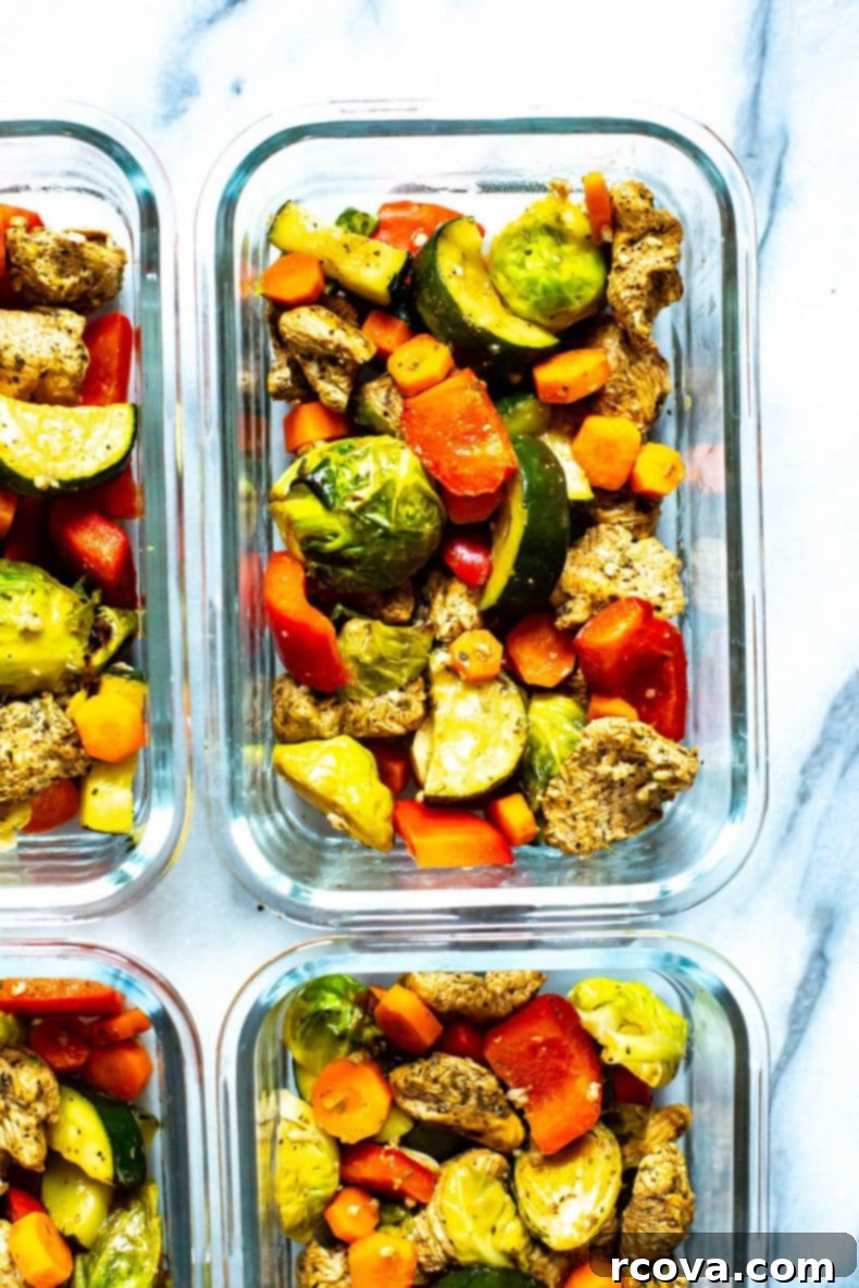 This Sheet Pan Balsamic Chicken is a delicious, healthy weeknight dinner idea. It comes together on one pan, ready to eat in 30 minutes! Leftovers won’t be a problem with this flavourful chicken dinner - turn them into meal prep lunches for the week! meal prep containers of healthy Balsamic Chicken with fresh herbs