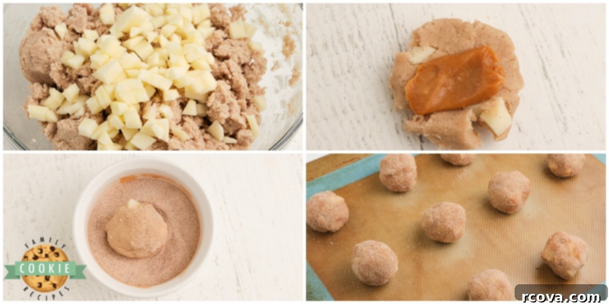 Caramel Apple Snickerdoodles 4 Step-by-step photos guiding the process of making Caramel Apple Snickerdoodles, from mixing dough to rolling in cinnamon sugar.