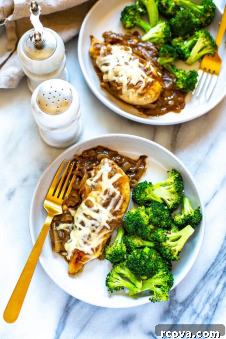 This French Onion Chicken Skillet is a delicious weeknight dinner that is a play on French onion soup and packed with protein, making it a full meal. This will become one of your favorite chicken skillet recipes! Plates of French Onion Chicken with steamed broccoli, showcasing a complete and healthy meal.