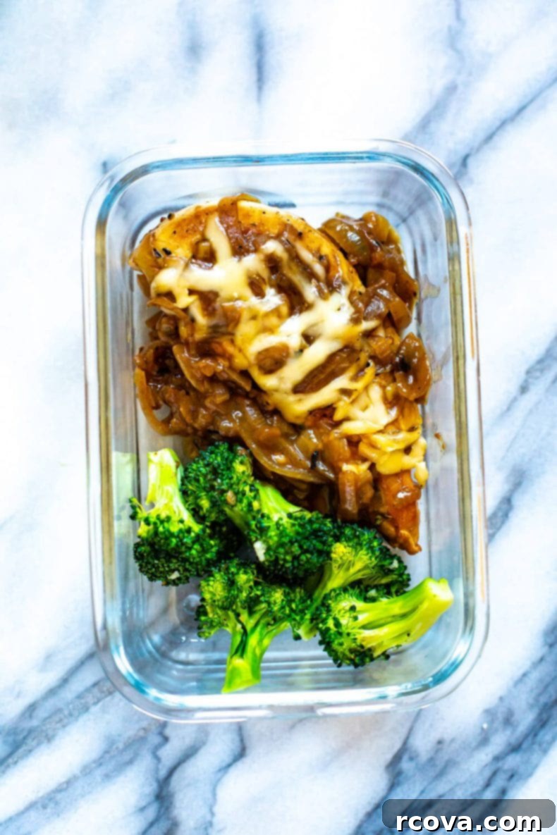 This French Onion Chicken Skillet is a delicious weeknight dinner that is a play on French onion soup and packed with protein, making it a full meal. This will become one of your favorite chicken skillet recipes! French Onion Chicken in a meal prep container, ready for easy lunches.