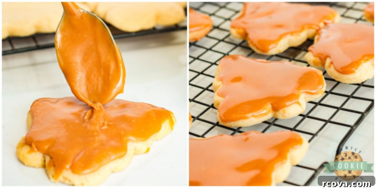 Festive Twix Christmas Tree Cookies 8 Spreading melted caramel on top of cookies.
