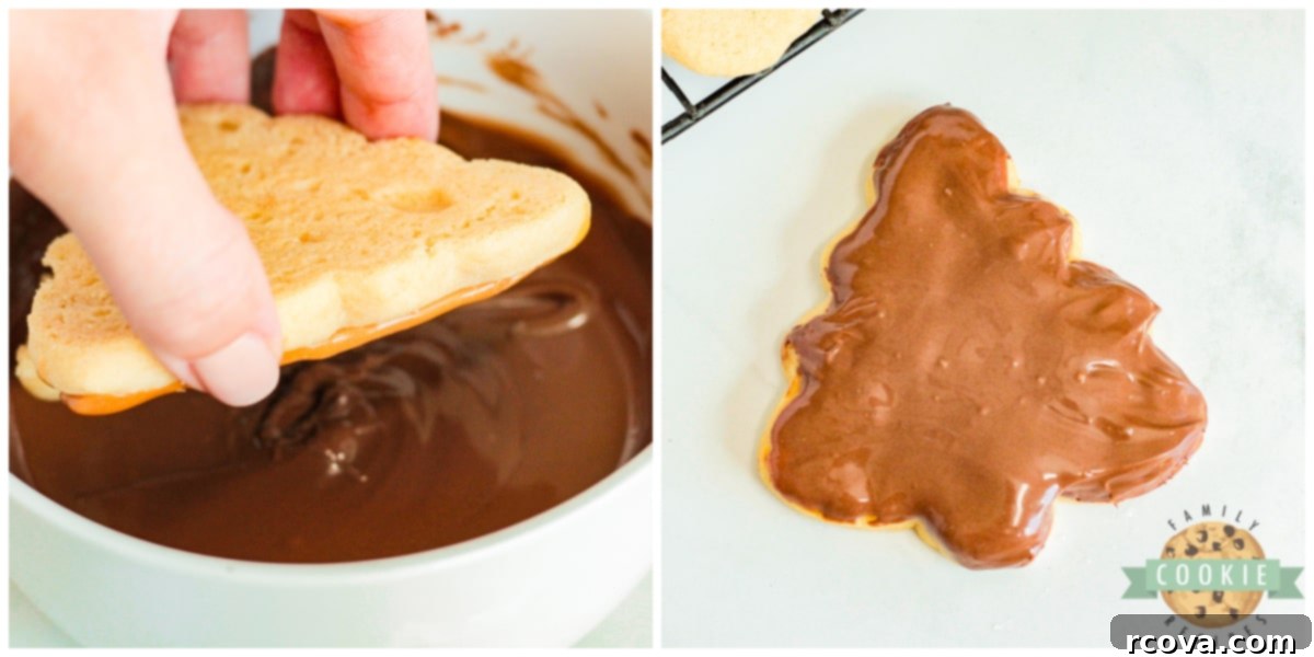 Festive Twix Christmas Tree Cookies 9 Dipping cookies in melted chocolate.