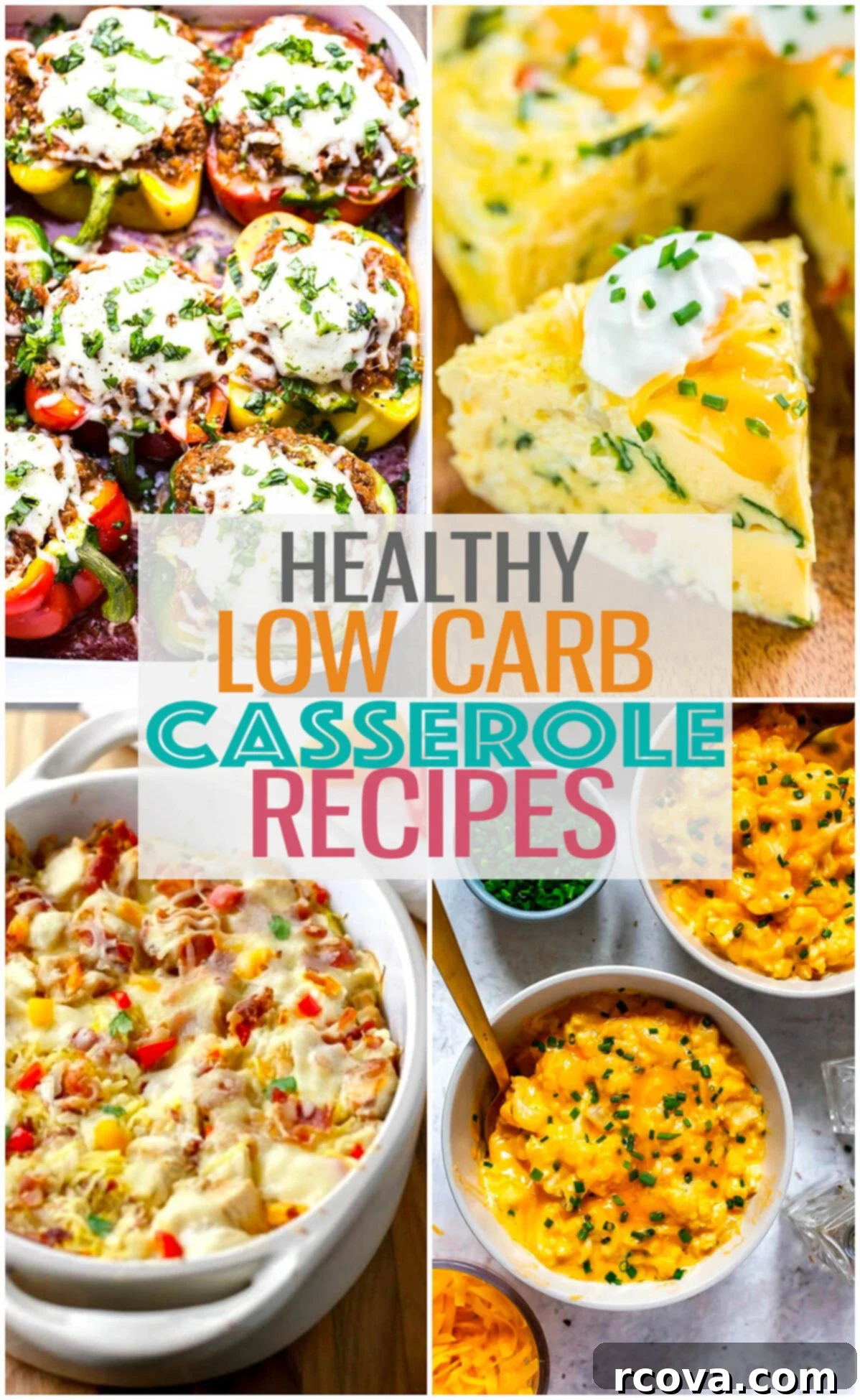 Wholesome and Flavorful Low-Carb Casserole Recipes 2 A collage of four different healthy low carb casseroles with the text "Healthy Low Carb Casserole Recipes" layered over top, showcasing their appeal for delicious and easy meals.