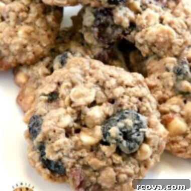 Velvet Cherry Oat Delights 7 White Chocolate Cherry Oatmeal Cookies in a stack, showcasing their soft and chewy texture.