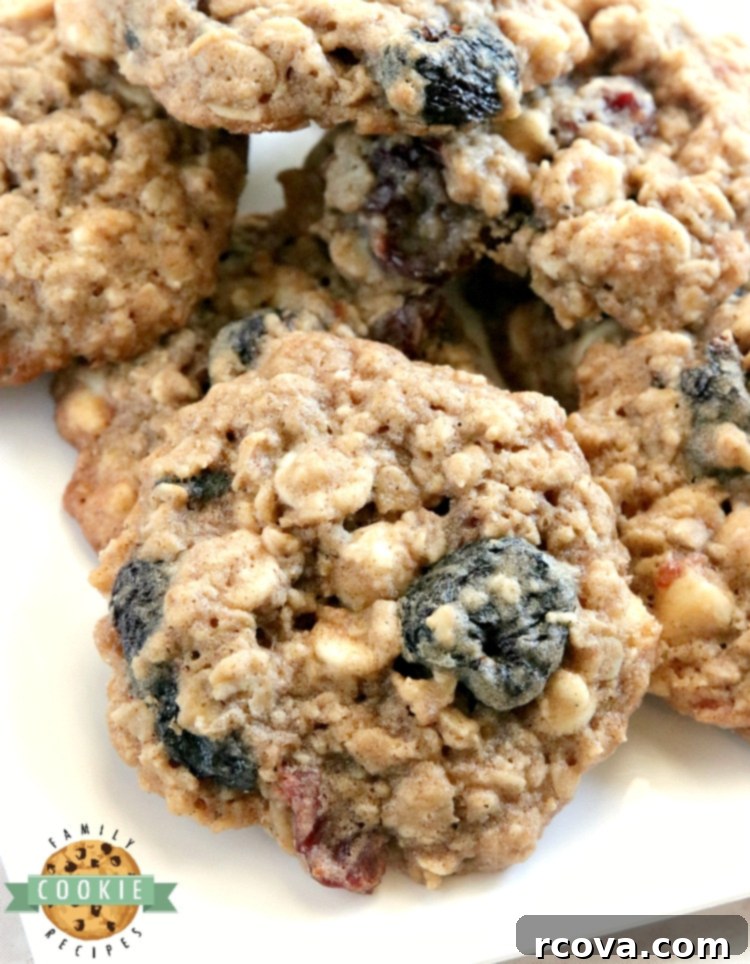 Velvet Cherry Oat Delights 8 Stack of freshly baked White Chocolate Cherry Oatmeal Cookies on a cooling rack, perfectly golden and inviting.