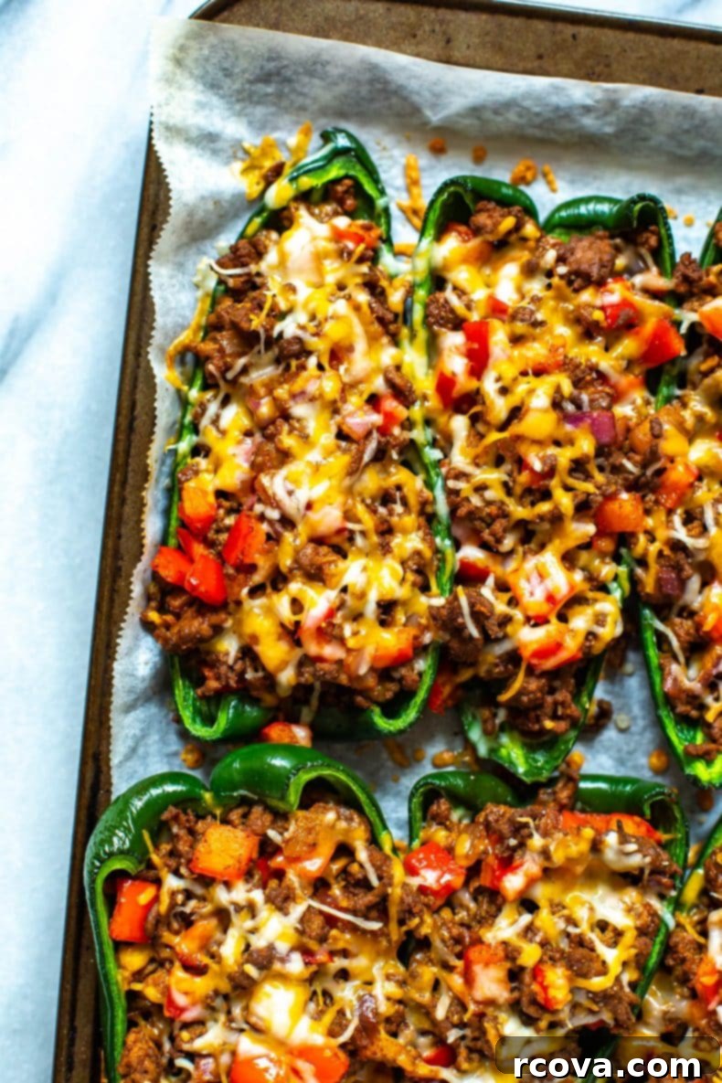 Keto Friendly Stuffed Poblano Delight 2 Close-up of baked low-carb stuffed poblano peppers with melted cheese and fresh herbs, ready to serve.