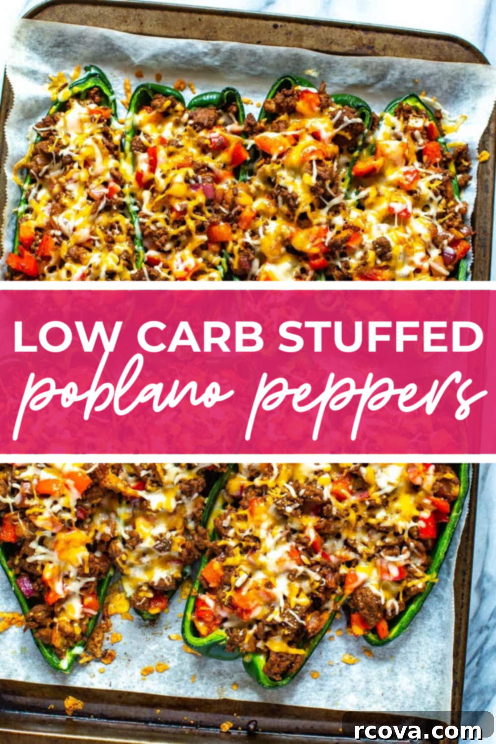 Keto Friendly Stuffed Poblano Delight 12 A top-down view of a baking sheet filled with low-carb stuffed poblano peppers, with the text "Low Carb Stuffed Poblano Peppers" superimposed.