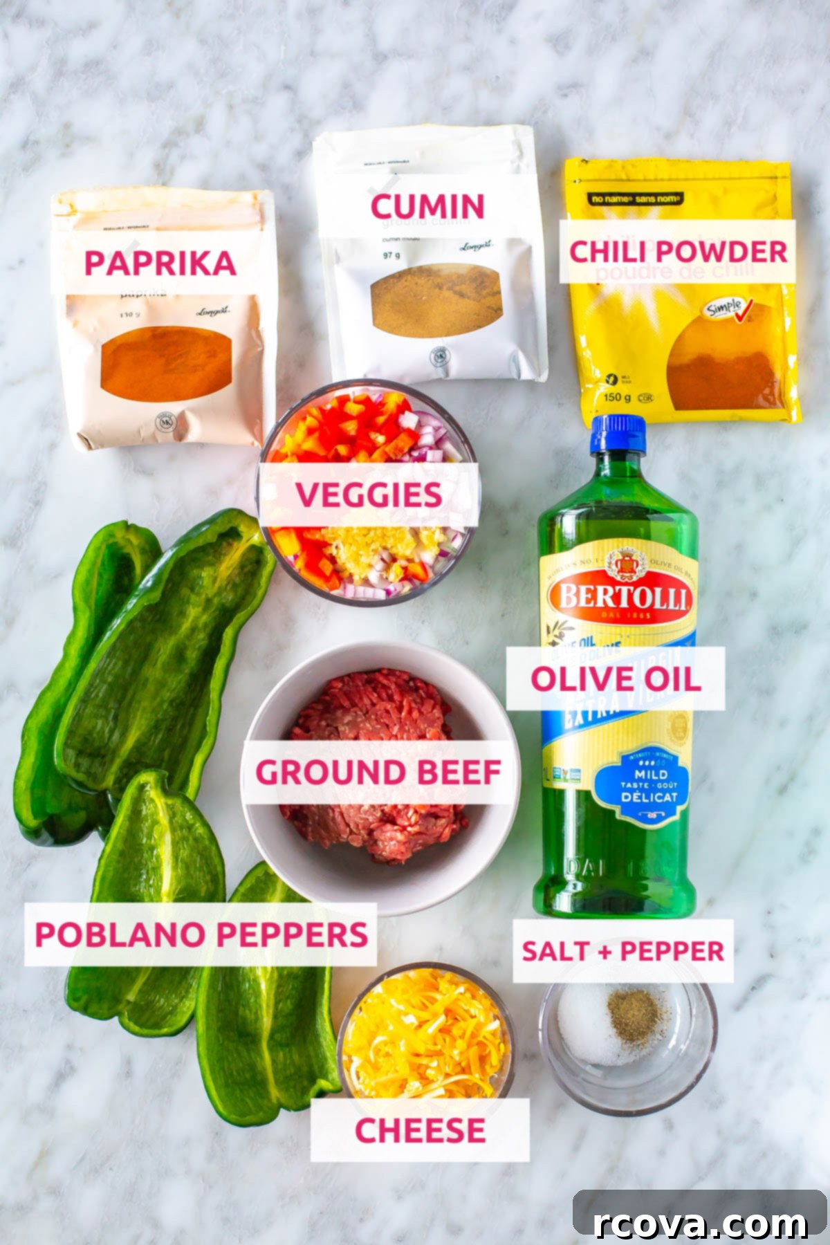 Keto Friendly Stuffed Poblano Delight 4 Fresh ingredients laid out for stuffed poblano peppers: whole poblano peppers, shredded cheese, ground beef, bell peppers, red onion, garlic, olive oil, and various spices like chili powder, cumin, and paprika.