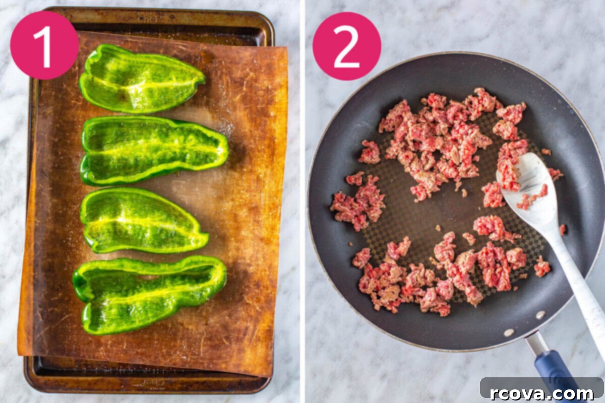 Keto Friendly Stuffed Poblano Delight 5 Step 1: Sliced and seasoned poblano peppers on a parchment-lined baking sheet. Step 2: Ground beef browning in a skillet on the stovetop.