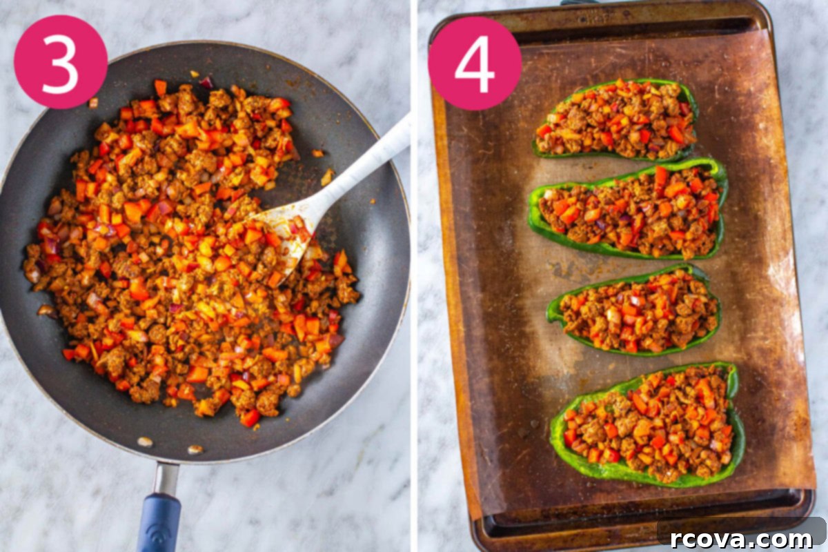 Keto Friendly Stuffed Poblano Delight 6 Step 3: Ground beef and sautéing vegetables in a skillet. Step 4: Cooked filling being spooned into baked poblano pepper halves.