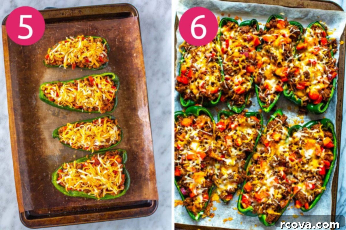 Keto Friendly Stuffed Poblano Delight 7 Step 5: Stuffed poblano peppers topped with shredded cheese on a baking sheet. Step 6: Fully baked stuffed poblano peppers garnished with fresh cilantro.