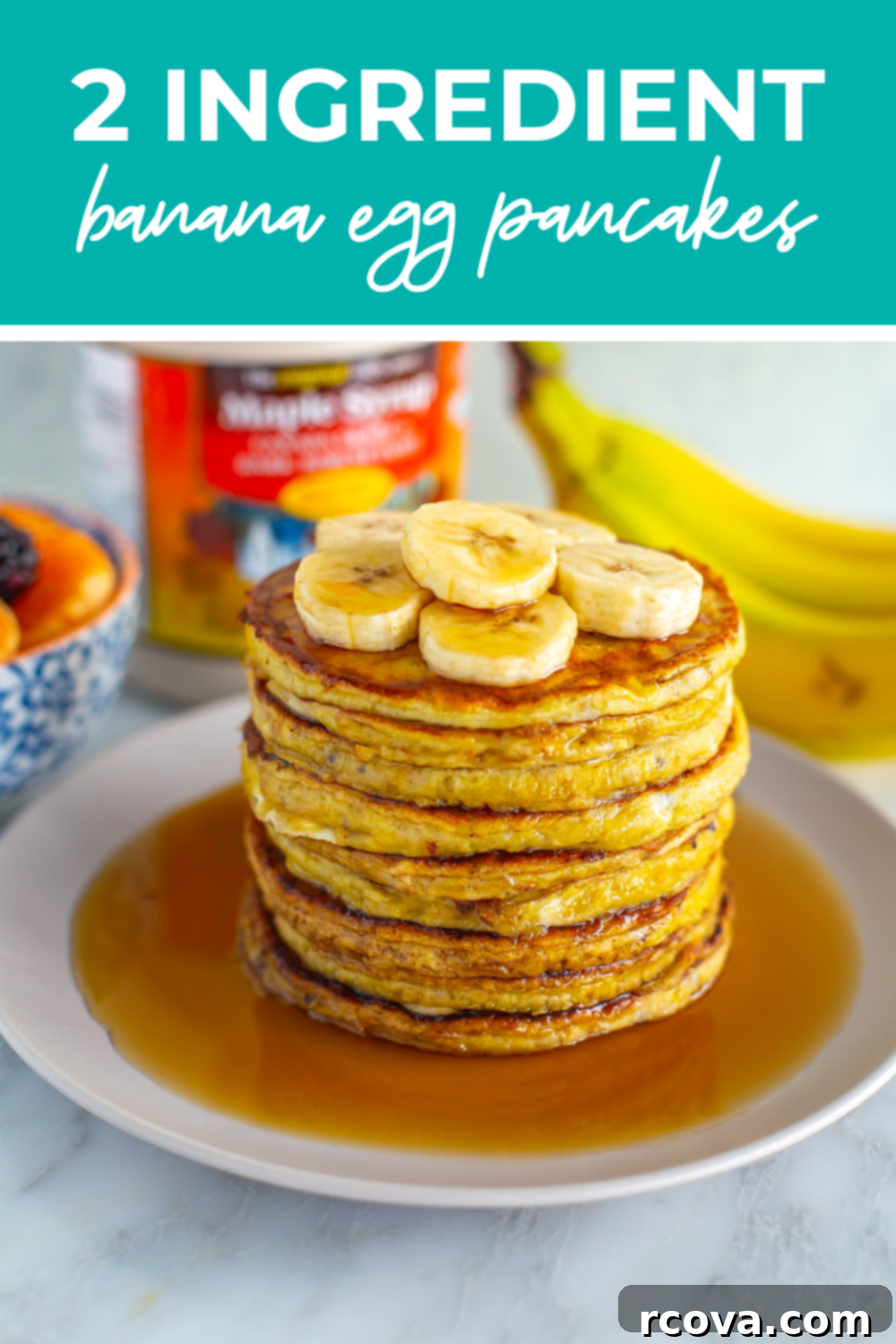 Effortless Two Ingredient Banana Egg Pancakes 12 A stack of banana egg pancakes with the text "2 Ingredient Banana Egg Pancakes" on top.