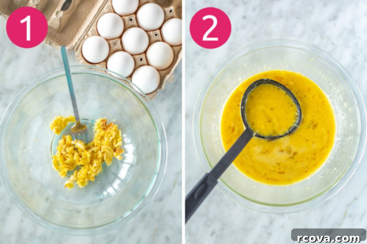 Effortless Two Ingredient Banana Egg Pancakes 5 Steps 1 and 2 for making banana egg pancakes: mash bananas then mix in eggs.