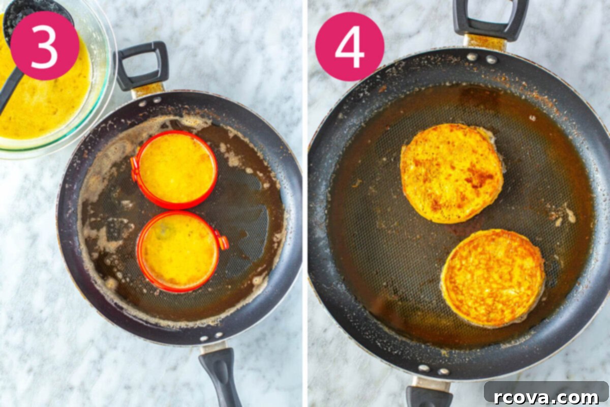Effortless Two Ingredient Banana Egg Pancakes 6 Steps 3 and 4 for making banana egg pancakes: pour batter into skillet then cook pancakes.