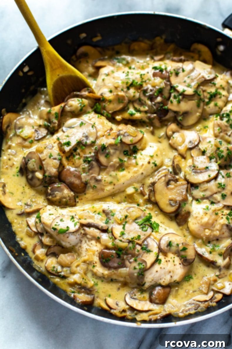 This Skinny, Easy Chicken Marsala Skillet is a delicious, creamy mushroom chicken recipe, made healthier with less cream and Marsala wine. It's a one-pan dinner that's freezer-friendly! healthy chicken Marsala in a skillet, featuring golden chicken breasts in a rich, light sauce