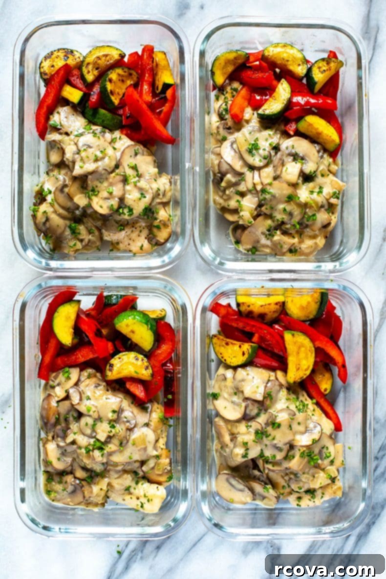 This Skinny, Easy Chicken Marsala Skillet is a delicious, creamy mushroom chicken recipe, made healthier with less cream and Marsala wine. It's a one-pan dinner that's freezer-friendly! chicken marsala in meal prep containers, demonstrating convenient meal prep for healthy dinners