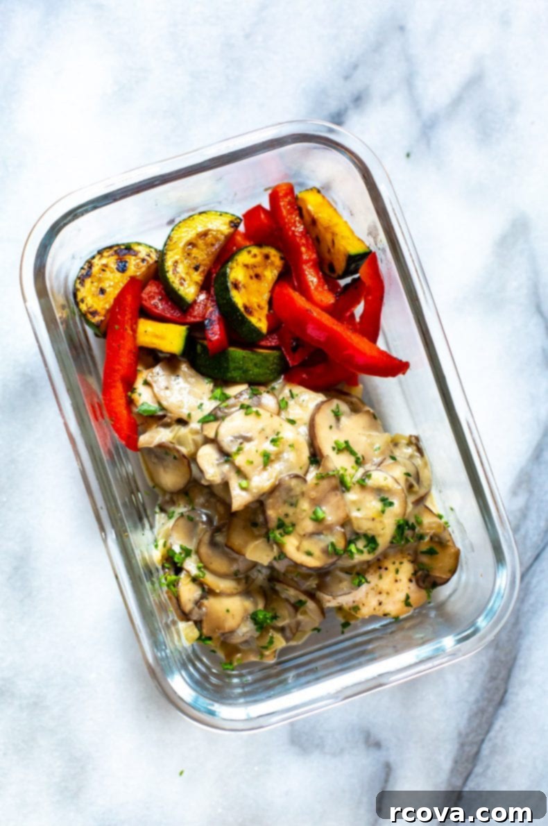 This Skinny, Easy Chicken Marsala Skillet is a delicious, creamy mushroom chicken recipe, made healthier with less cream and Marsala wine. It's a one-pan dinner that's freezer-friendly! meal prep chicken Marsala dinner in glass containers, perfect for healthy and convenient eating