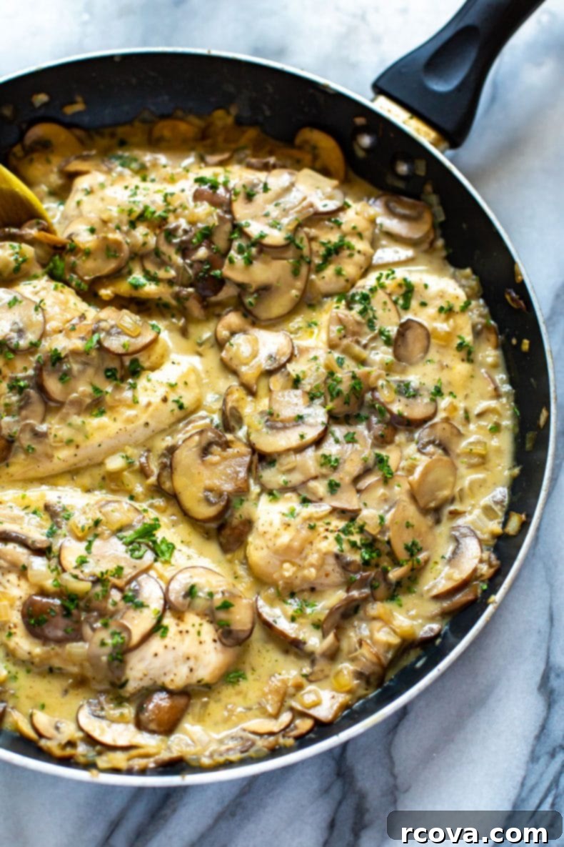 This Skinny, Easy Chicken Marsala Skillet is a delicious, creamy mushroom chicken recipe, made healthier with less cream and Marsala wine. It's a one-pan dinner that's freezer-friendly! skillet dinner with chicken, mushrooms, and wine, showing a delicious meal cooked in one pan