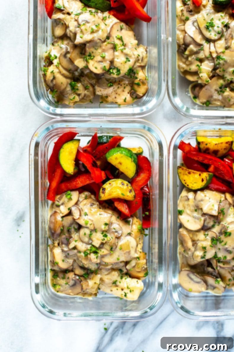 This Skinny, Easy Chicken Marsala Skillet is a delicious, creamy mushroom chicken recipe, made healthier with less cream and Marsala wine. It's a one-pan dinner that's freezer-friendly! chicken Marsala in glass meal prep containers, neatly arranged for weekly lunches or dinners