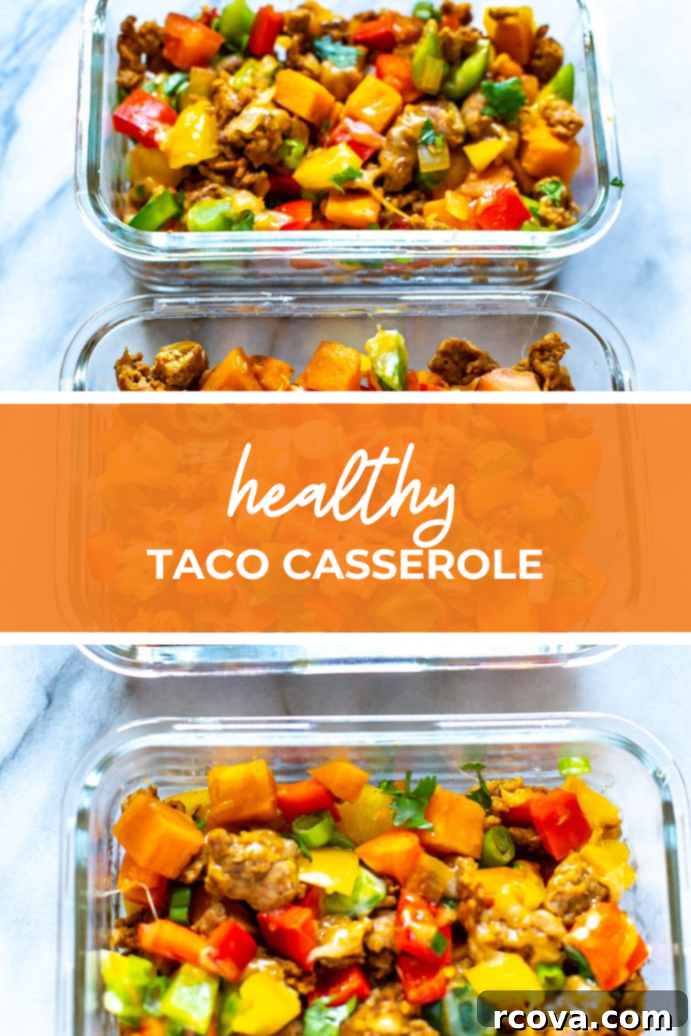 Wholesome Taco Bake 4 Overhead shot of the dish with orange banner in the middle - reading "healthy taco casserole"