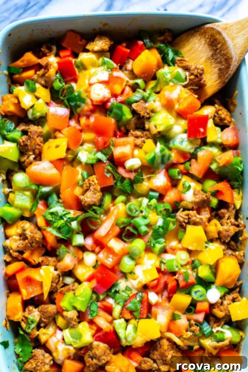 Healthy Ground Turkey & Sweet Potato Taco Casserole in a casserole dish. A nutritious and easy meal prep idea! Meal Prep Skinny Taco Bake in a casserole pan, ready to serve or store.