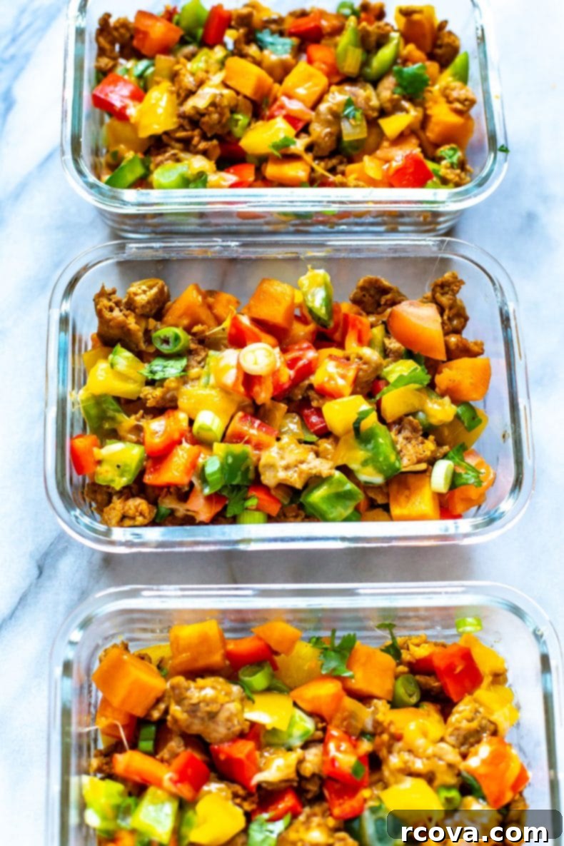 Low carb taco casserole in meal prep containers, perfect for nutritious, convenient meals. Multiple meal prep containers filled with low carb taco casserole, ready for healthy eating.